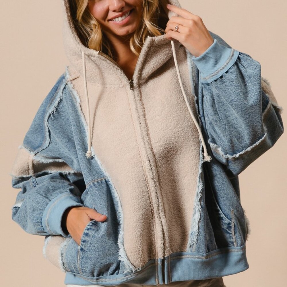 BIBI Oversized Patchwork Hoodie – Denim & Sherpa Zip Up, Streetwear Style - Picture 4 of 15